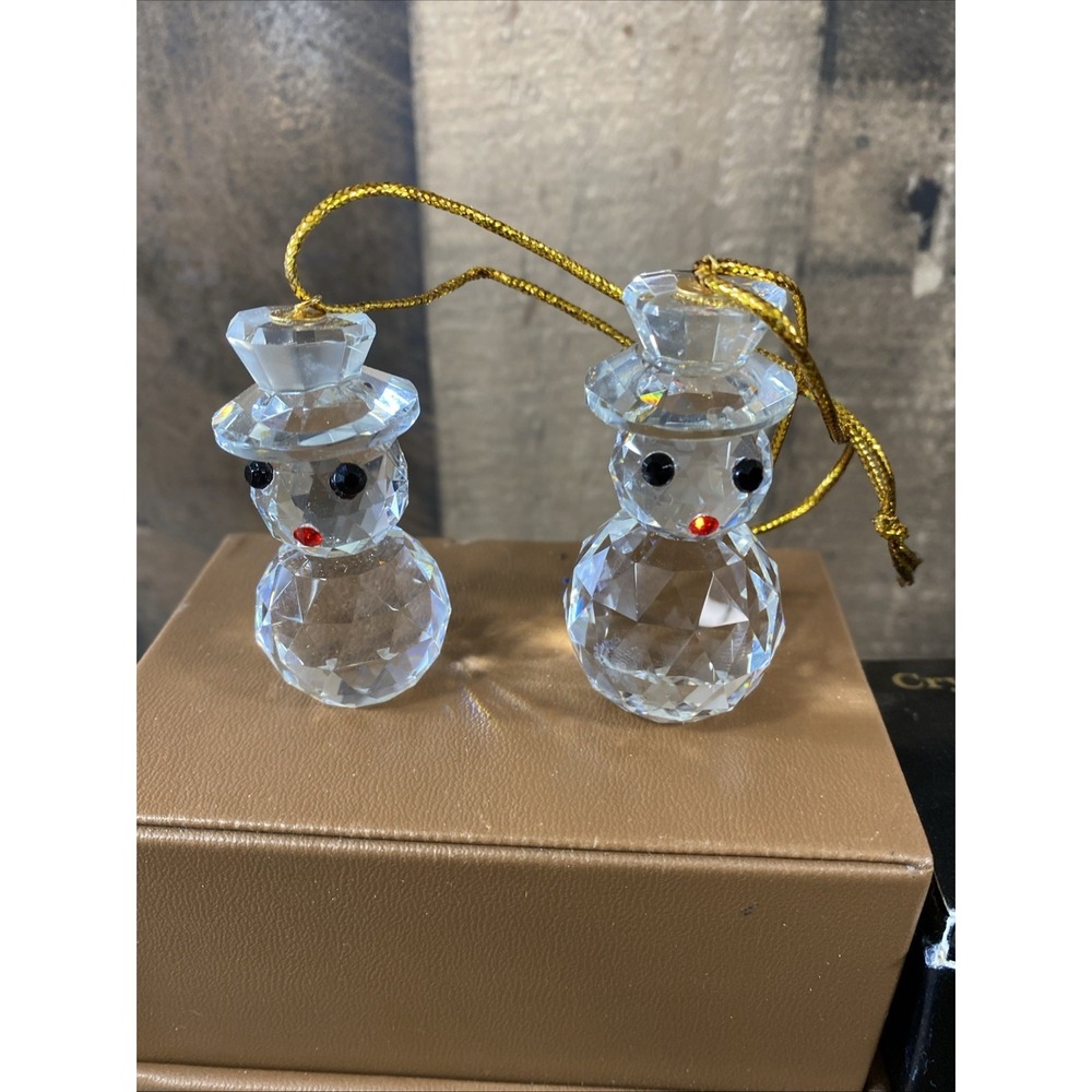 Set of 2 Vintage Snowman AMC New York Crystal Miniature Figurines XMAS Ornaments